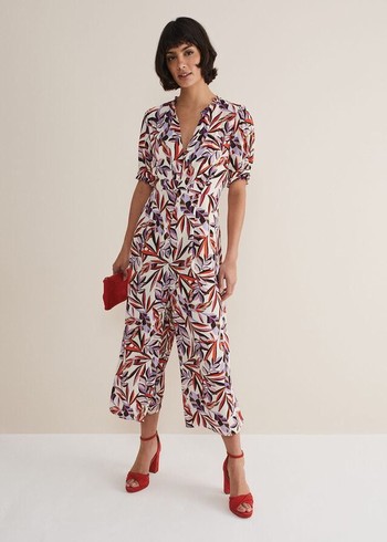 Phase Eight Astrid Leaf Print Cropped Wide Leg Jumpsuit White/Multicolor Canada | SJABEW-903